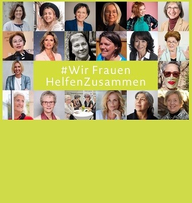 Collage von Frauenportraits und dem Hashtag "Wir Frauen helfen zusammen". 